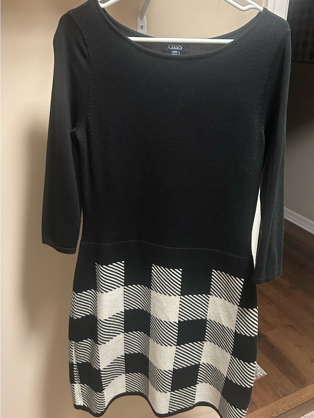 Chaps Black & Cream Long Sleeve A-Line Dress